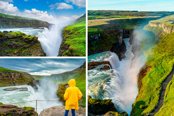 Gullfoss, kompositbillede af vandfaldet bestående af tre forskellige billeder Gullfoss, kompositbillede af vandfaldet bestående af tre forskellige billeder