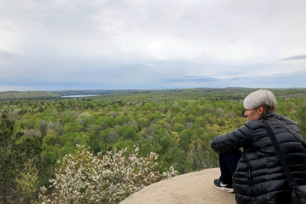 Kvinde, som nyder udsigten fra klippetop over skovlandskab i Algonquin National Park, Canada