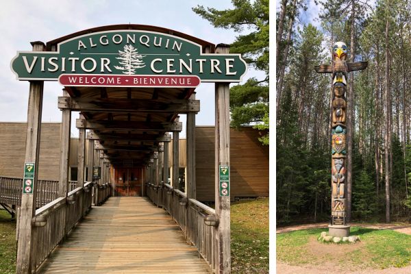 Todelt billede, som viser besøgscentret i Algonquin Provincial Park samt First Nation Totempæl