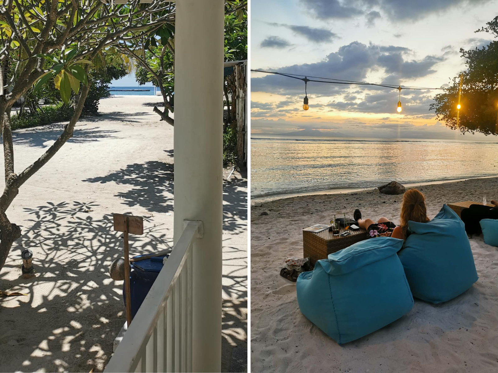 To-delt billede: Udsigt til strand fra bungalow på Gili-øerne og udsigt til solnedgang og afslapning fra strandkanten To-delt billede: Udsigt til strand fra bungalow på Gili-øerne og udsigt til solnedgang og afslapning fra strandkanten