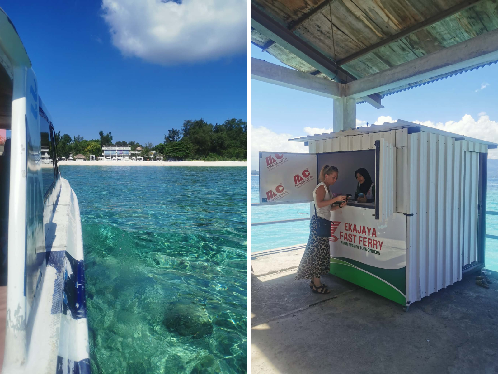 Fotocollage: Billetkøb og sejlads fra Bali til Gili øerne Fotocollage: Billetkøb og sejlads fra Bali til Gili øerne