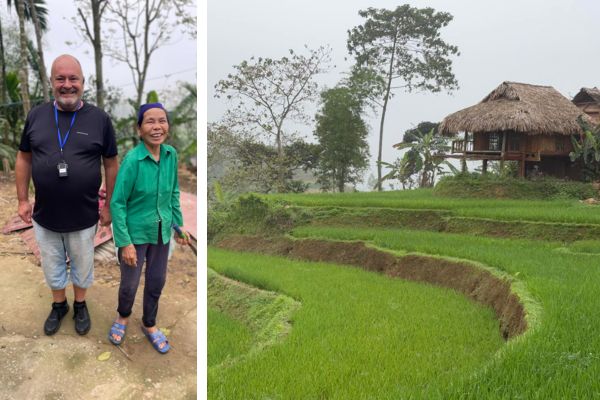 Todelt billede med feriefoto af Brian Hansen sammen med smilende vietnamesisk kvinde samt vietamesisk landskab med rismark