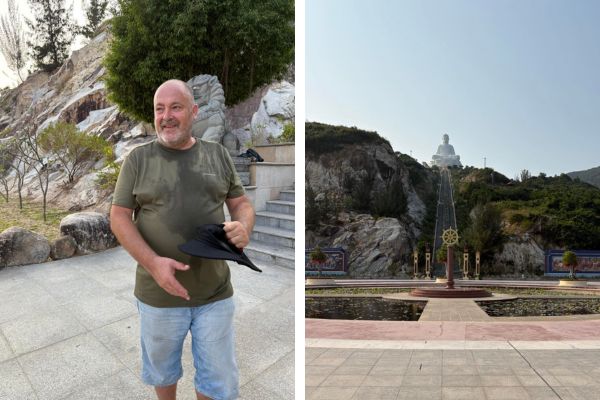 Todelt billede, som viser en lang trappe i Vietnam og en mand, som lige er kommet op på toppen