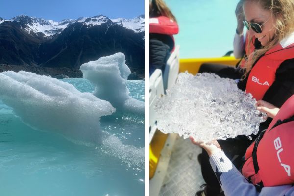 Todelt billede: Drivende isbjerge ved Mount Cook, New Zealand Todelt billede: Drivende isbjerge ved Mount Cook, New Zealand