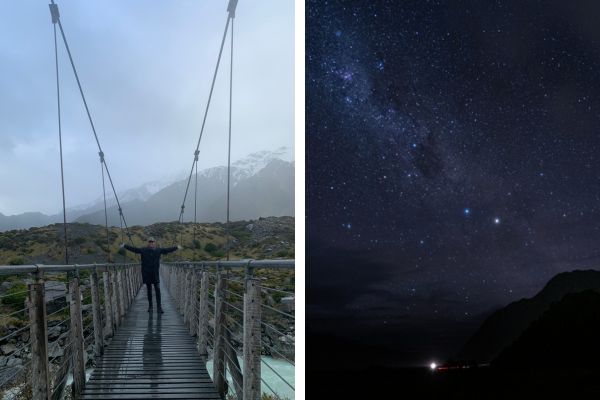 Todelt billede: Rejseekspert Lene Scott Hansson på bro ved Hooker Valley, New Zealand samt stjernehimmel over Mount Cook Todelt billede: Rejseekspert Lene Scott Hansson på bro ved Hooker Valley, New Zealand samt stjernehimmel over Mount Cook