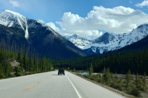 Icefield Parkway med snedækkede Rocky Mountains i baggrunden Icefield Parkway med snedækkede Rocky Mountains i baggrunden