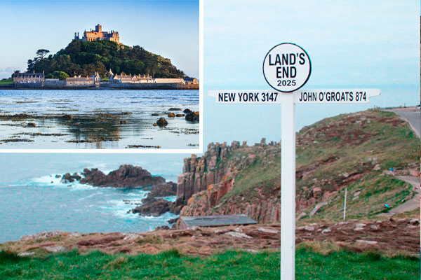 Lands End skilt, med indsat foto af St. Michael's Mount, Cornwall, England Lands End skilt, med indsat foto af St. Michael's Mount, Cornwall, England