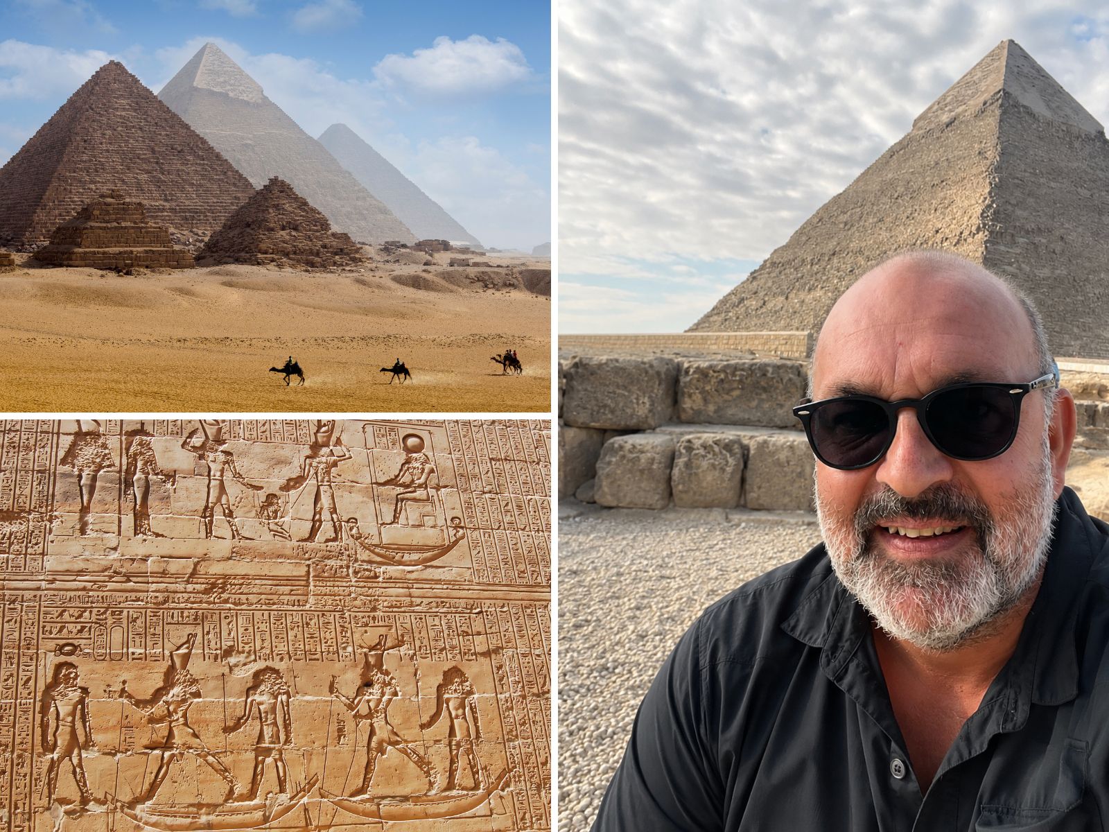 Collage med pyramiderne i Giza, egyptiske inskriptioner og rejseleder Christian Rosenberg, Egypten