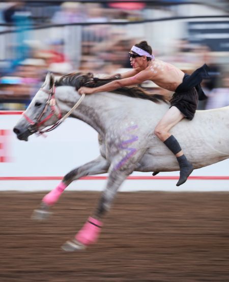 First Nation-rytter på skimmelfarvet hest i konkurrence ved Calgary Stampede. Foto: Colin Way, Tourism Calgary First Nation-rytter på skimmelfarvet hest i konkurrence ved Calgary Stampede. Foto: Colin Way, Tourism Calgary