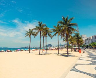 Den berømte Copacabana-strand med palmer og promenade i Rio de Janeiro i Brasilien