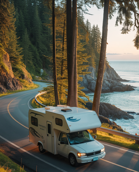 Autocamper i Canada i smuk aftenbelysning Autocamper i Canada i smuk aftenbelysning
