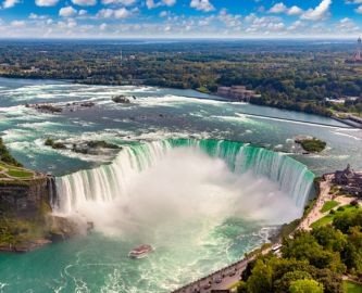 Panorama-foto af turistbåd i skumsprøjt fra vandfaldet NIagara Falls