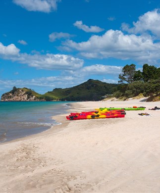 Kajakker på strand i Abel Tasman National Park