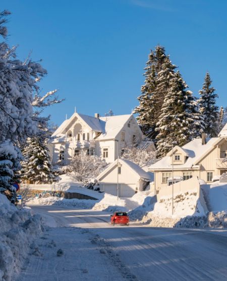 Hyggelig vintervej i Tromsø med træhuse, grantrræer og sne