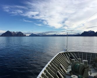 Hurtigruten-skib i fjord i Nordnorge