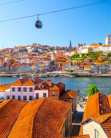 Udsigt over Porto med kabelbane hen over by og Douro-floden