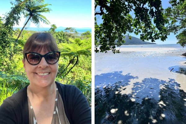 To-delt billede med krejsekonsulent Jane og strand i tropiske Cairns, Australien