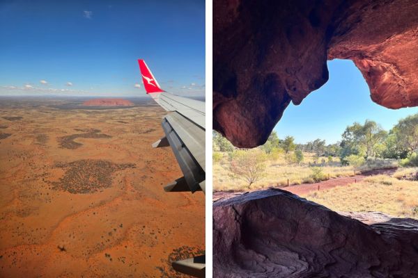 Todelt billede med Uluru set fra fly og klippeformationer tæt på