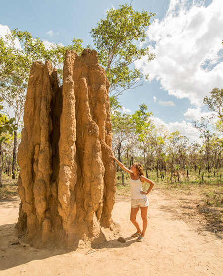 En dame som læner sig op af et kæmpe termitbo i Australien