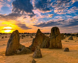 Aftenudsigt over Pinnacles Desert, Nambung National Park i Perth, Australien
