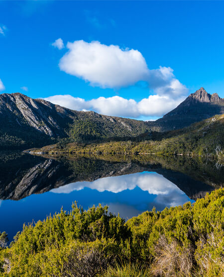 Smuk udsigt over vand og bjerge i Cradle Mountain National Park, Tasmanien, Australien