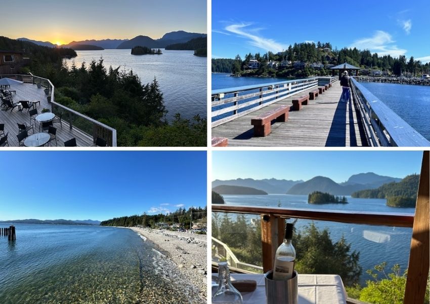 Collage med udsigt fra lodgen over fjorden, stenstrand med blå himmel, udsigt fra restaurant med vin og solskin, havnefront med bro og træer i baggrunden