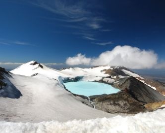Kratersø i snedækket vulkanlandskab på toppen af Mount Ruapehu i Tongaraíro