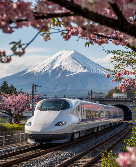 Shinkansen train and cherry trees, sakura in front of Mt Fuji