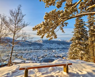Bænk i vinterlandskab med udsigt over Bergen og blå himmel