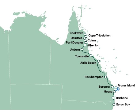 Rutekort på den australske østkyst 3 uger i autocamper