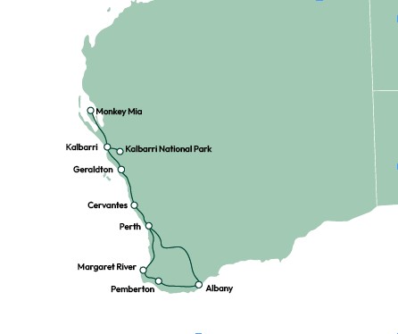 Rutekort på den australske vestkyst 2 uger i autocamper