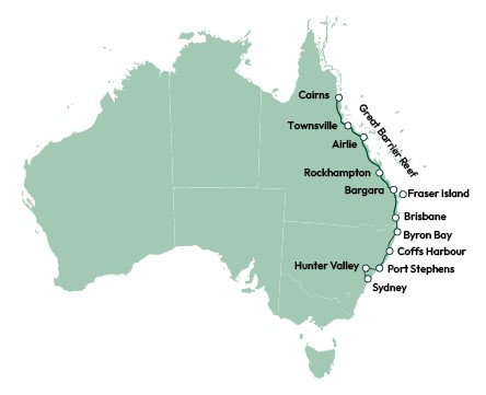 Rutekort til fra Sydney til Cairns langs den solrige kyst