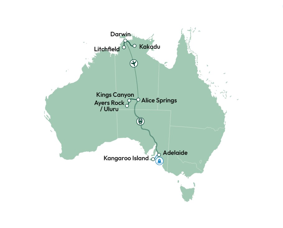 Rutekort til Kakadu og Kangaroo Island