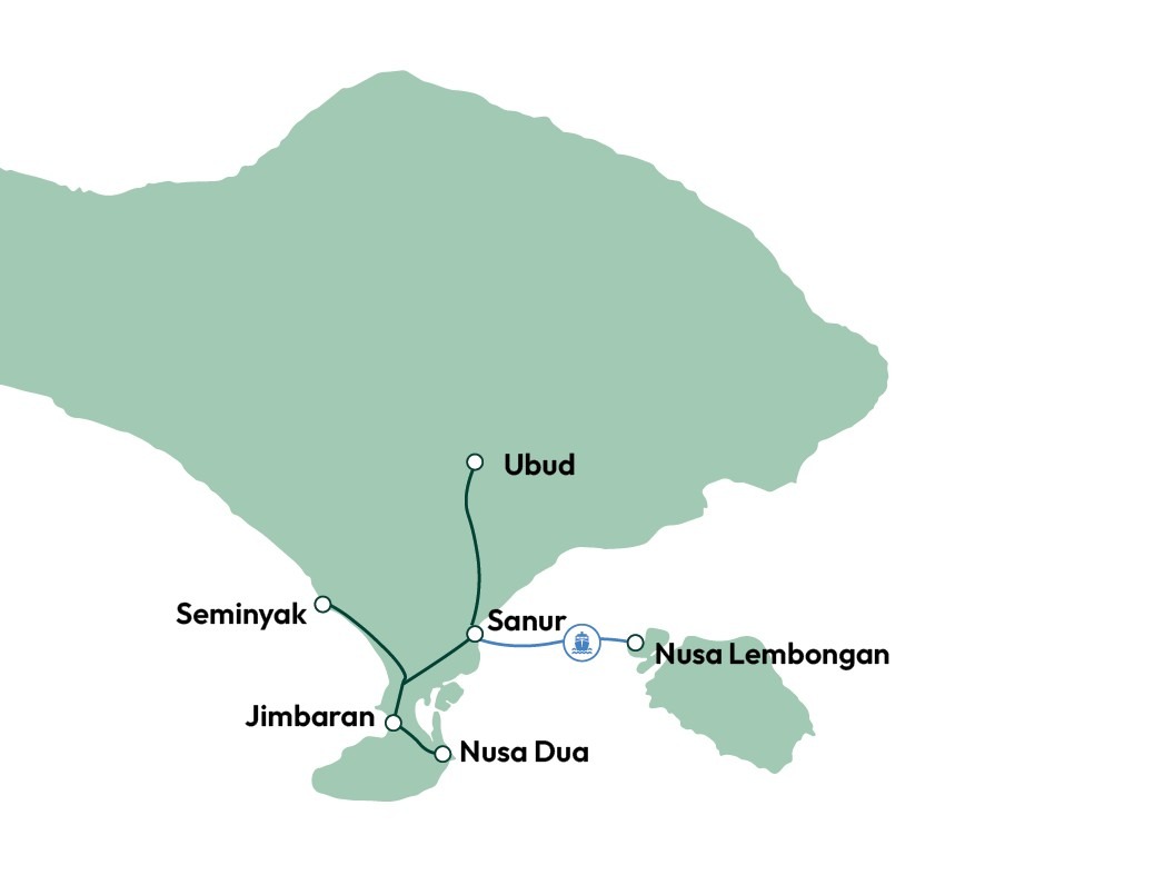 Kort over rejse til Bali og Nusa Lembongan