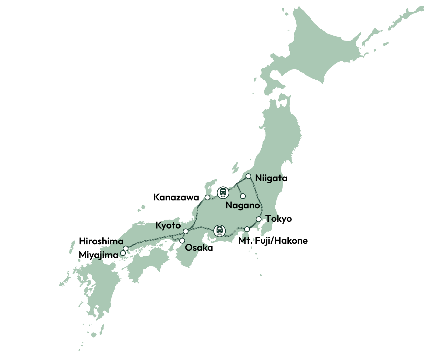 Kort over rejse i Japan fra Tokyo til Osaka