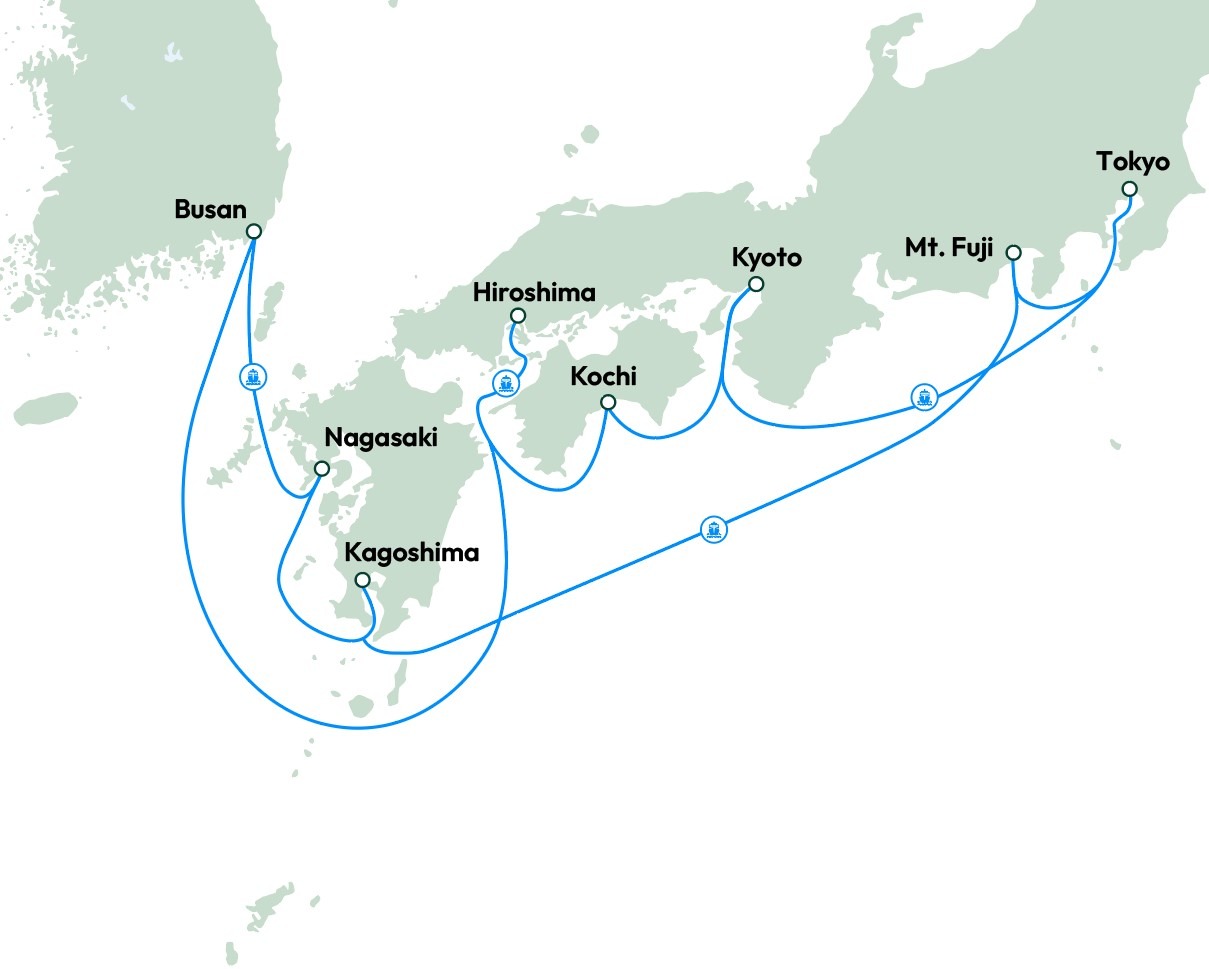 Kort over krydstogtsrute i Japan fra Tokyo til Busan i Sydkorea