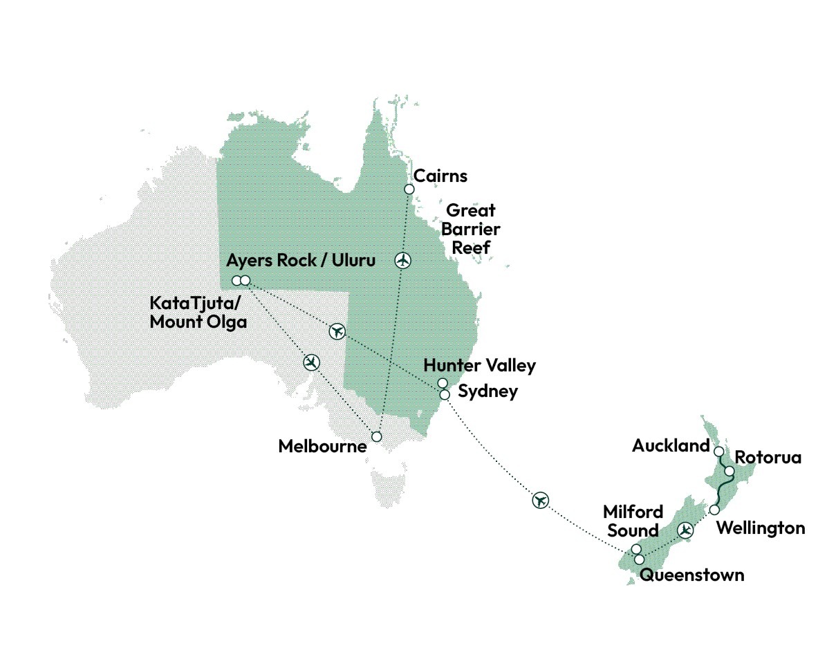 Kort over ruten, New Zealand & Australien Kort over ruten, New Zealand & Australien