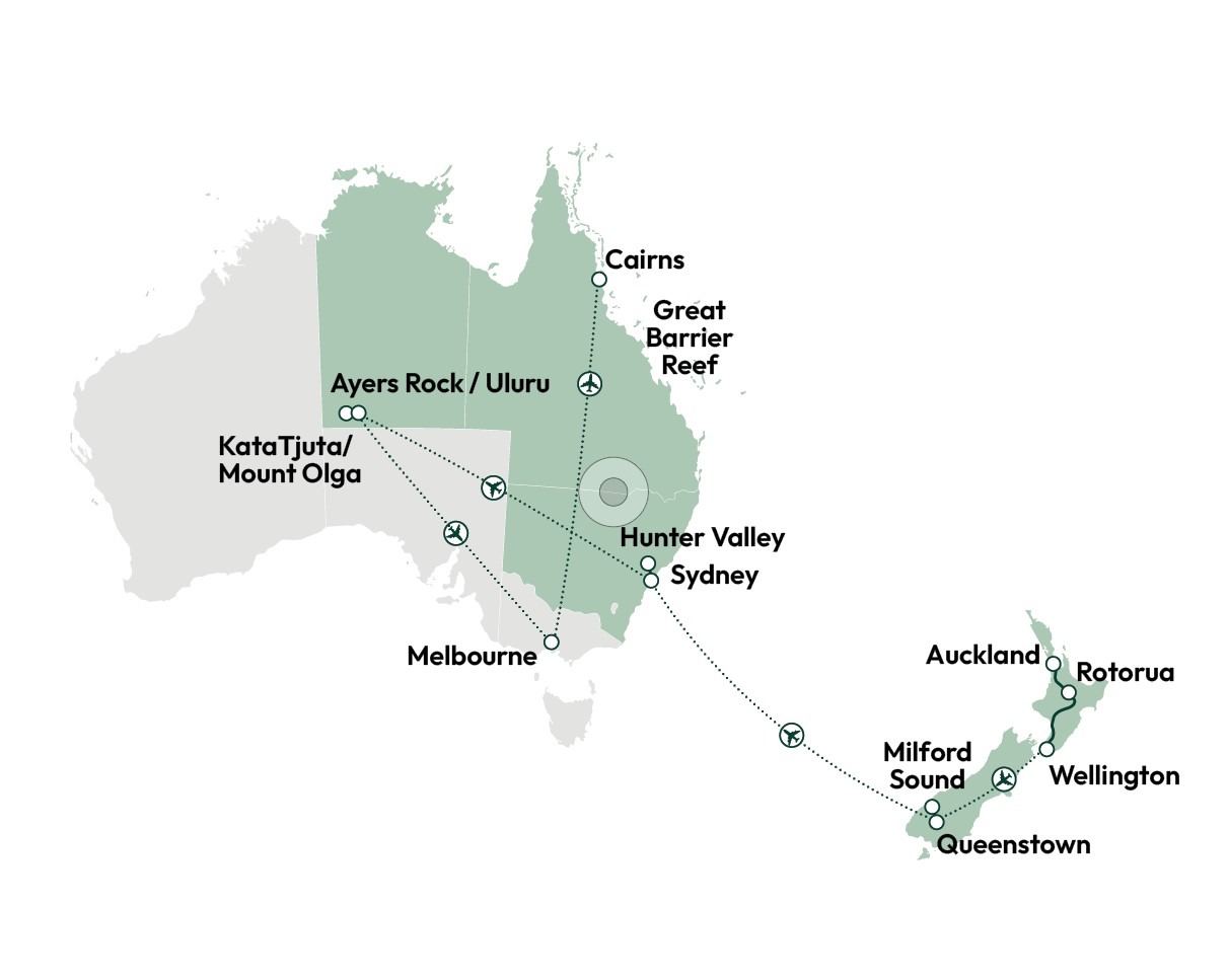 Kort over ruten, New Zealand & Australien Kort over ruten, New Zealand & Australien