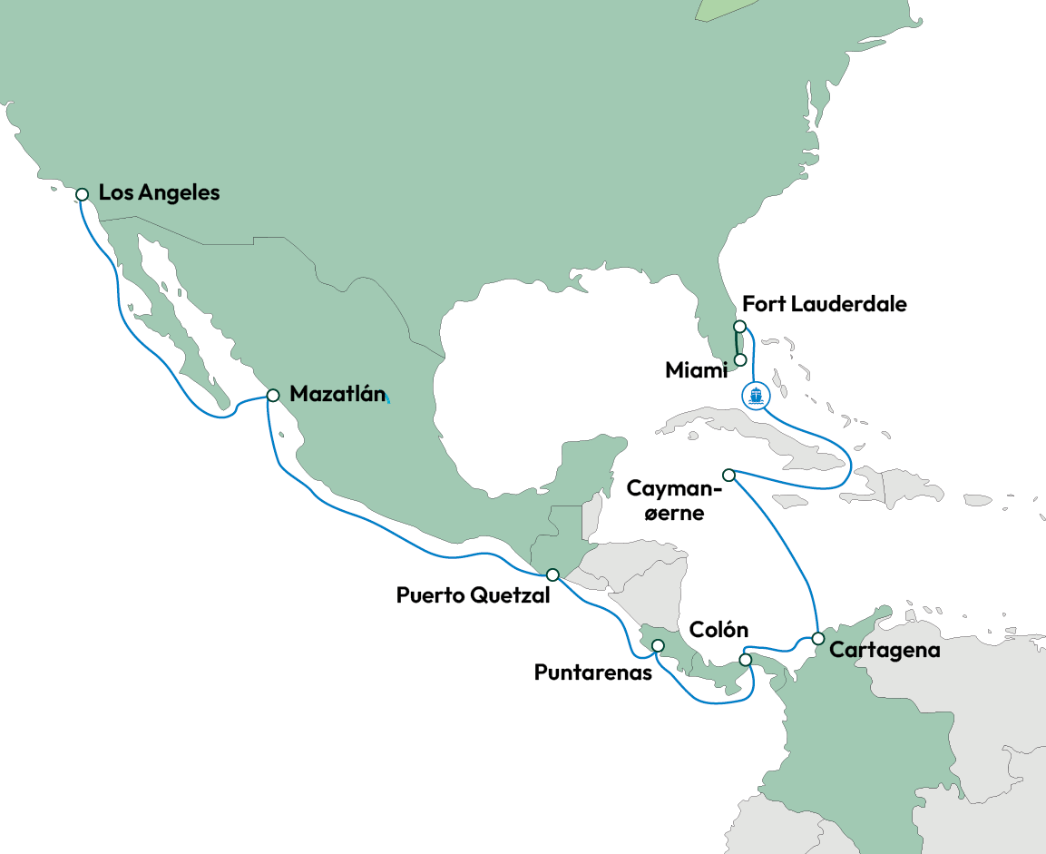 Rutekort over krydstogtet genenm Panamakanalen