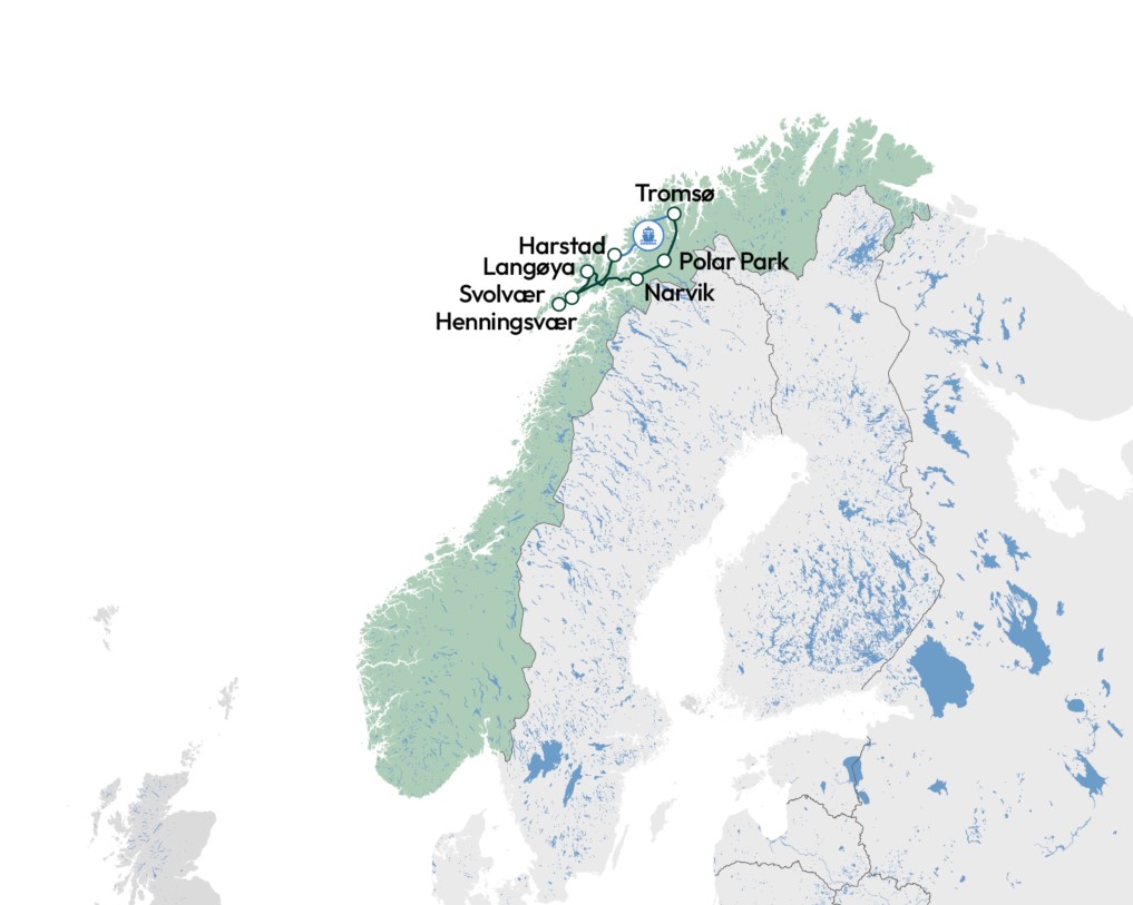 Rutekort over rundrejsen i Nordnorge