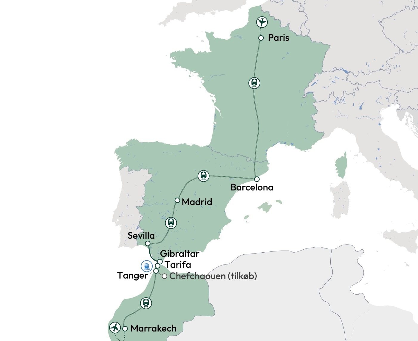 Rutekort over rejsen fra Paris til Marrakech med Risskov Rejser